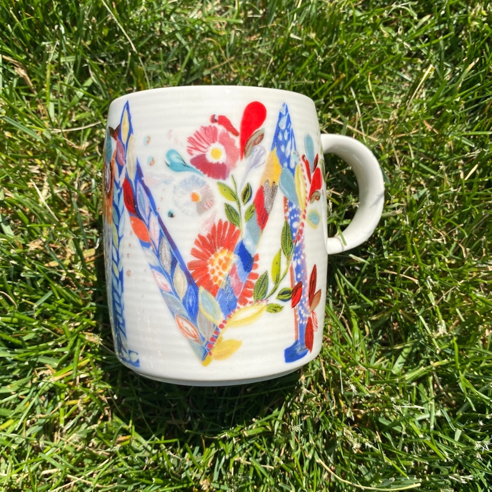 Anthropologie Floral Letter M Ceramic Coffee Mug in White, Blue, Red, Yellow